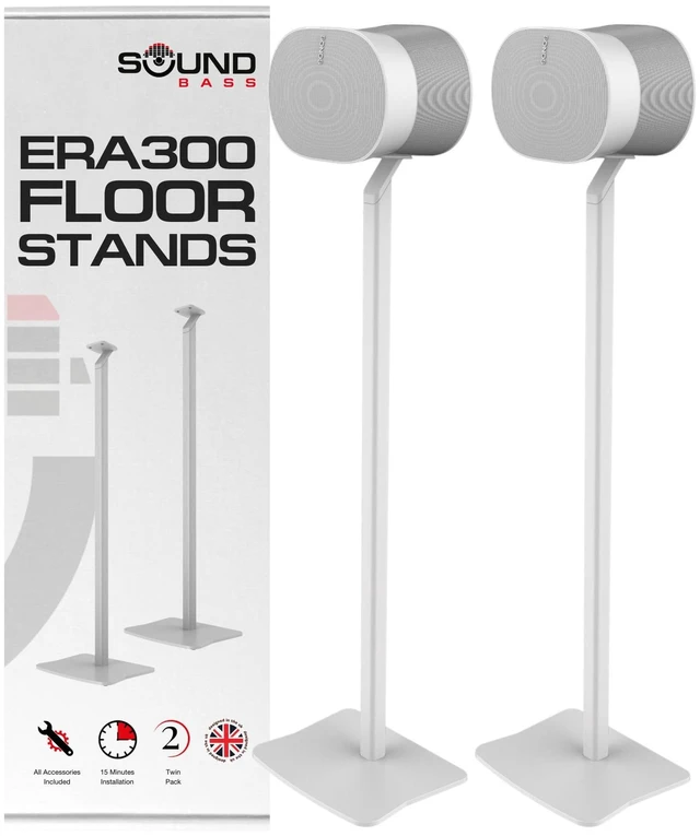 Main image of ERA300 Floor Stand, Twin (2pcs), White, Premium Metal Design Compatible with Sonos ERA 300 Speaker, Accessories Included, Cable Management, UK Design, Height 39in / 990mm, Double, Pair