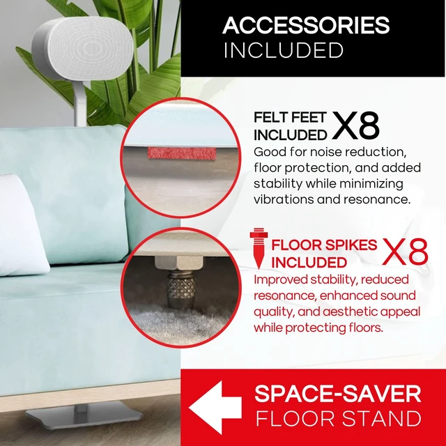 Alt view image 4 of 7 - ERA300 Floor Stand, Twin (2pcs), White, Premium Metal Design Compatible with Sonos ERA 300 Speaker, Accessories Included, Cable Management, UK Design, Height 39in / 990mm, Double, Pair