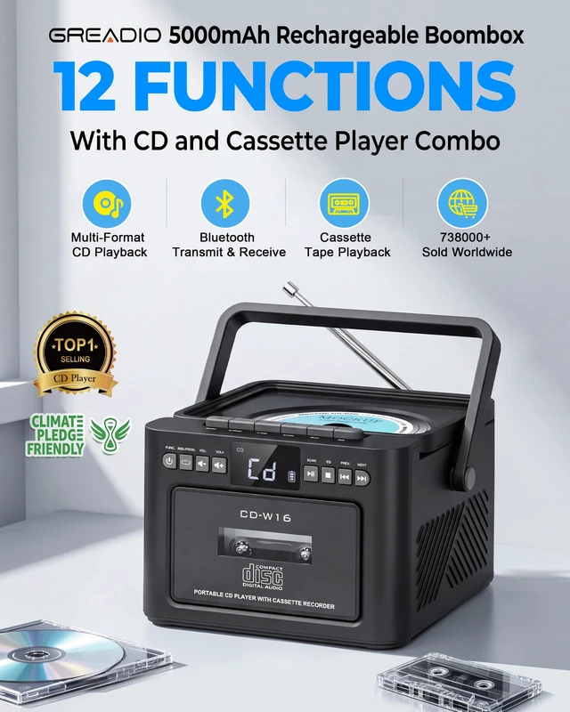 Alt view image 2 of 7 - Boombox CD and Cassette Player Combo, 5000mAh Bluetooth CD Player Rechargable Boom box CD Cassette Tape Player with FM Radio, Remote Control, USB/microSD/AUX Playback for Home/Outdoor (Black
