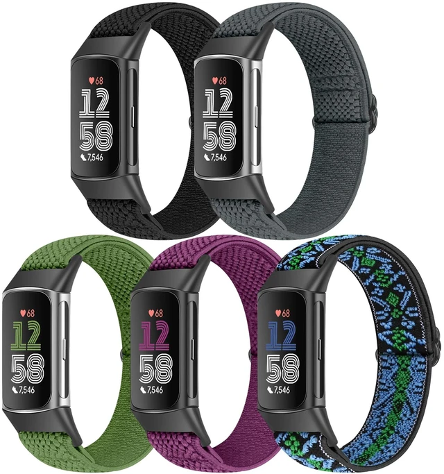 Main image of 5 Pack Elastic Nylon Watch Bands Compatible for Fitbit Charge 6/Fitbit Charge 5, Adjustable Breathable Replacement Stretchy Nylon Loop Wristband Sport Strap for Women Men