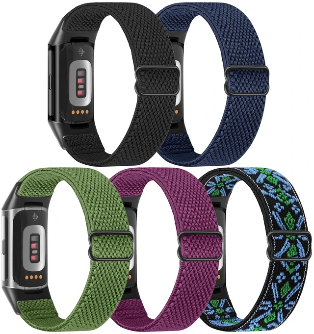 Alt view image 2 of 7 - 5 Pack Elastic Nylon Watch Bands Compatible for Fitbit Charge 6/Fitbit Charge 5, Adjustable Breathable Replacement Stretchy Nylon Loop Wristband Sport Strap for Women Men