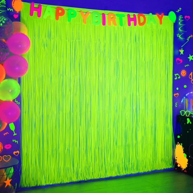 Main image of Mega-L Glow in The Dark Party Supplies, Neon Photo Backdrop, 4 Pack 6.6x6.6 ft Fluorescent Green Foil Fringe Curtains, Glow Photo Backdrop for Birthday, Pool Party, Music Festival, Nightclub