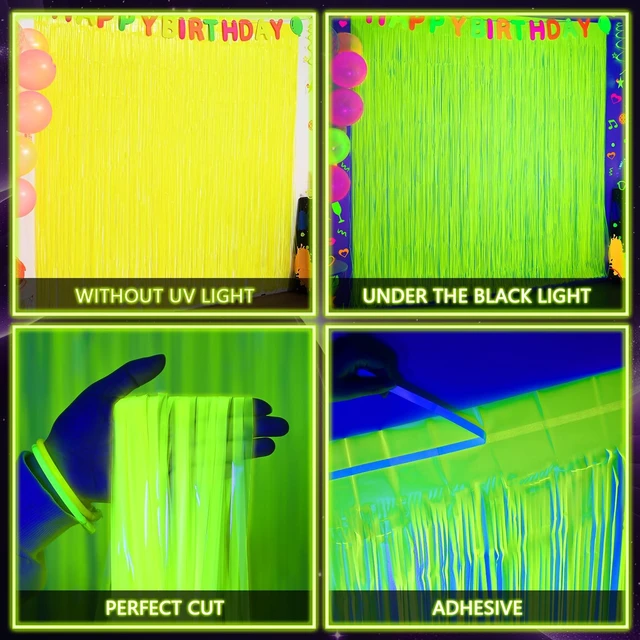 Alt view image 3 of 7 - Mega-L Glow in The Dark Party Supplies, Neon Photo Backdrop, 4 Pack 6.6x6.6 ft Fluorescent Green Foil Fringe Curtains, Glow Photo Backdrop for Birthday, Pool Party, Music Festival, Nightclub