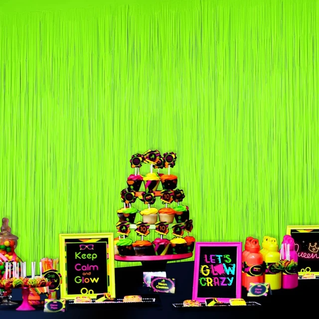 Alt view image 2 of 7 - Mega-L Glow in The Dark Party Supplies, Neon Photo Backdrop, 4 Pack 6.6x6.6 ft Fluorescent Green Foil Fringe Curtains, Glow Photo Backdrop for Birthday, Pool Party, Music Festival, Nightclub