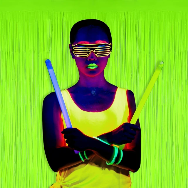 Alt view image 5 of 7 - Mega-L Glow in The Dark Party Supplies, Neon Photo Backdrop, 4 Pack 6.6x6.6 ft Fluorescent Green Foil Fringe Curtains, Glow Photo Backdrop for Birthday, Pool Party, Music Festival, Nightclub