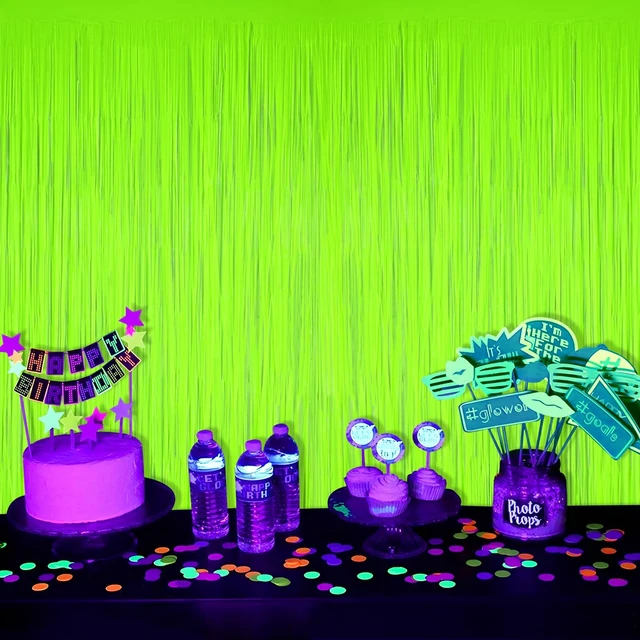 Alt view image 4 of 7 - Mega-L Glow in The Dark Party Supplies, Neon Photo Backdrop, 4 Pack 6.6x6.6 ft Fluorescent Green Foil Fringe Curtains, Glow Photo Backdrop for Birthday, Pool Party, Music Festival, Nightclub