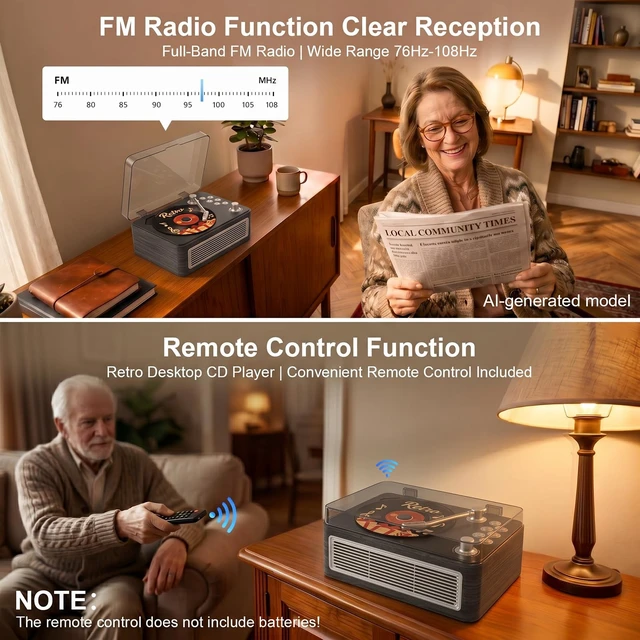 Alt view image 4 of 7 - CD Player Portable Bluetooth Retro CD Players Rechargeable 3600mAh Vintage CD-Player with Dual Speakers Hifi Sound & Radio & Remote Control Support USB/AUX Playback Headphone Jack