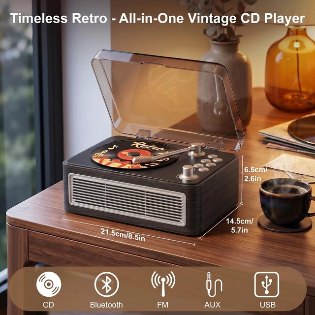 Alt view image 6 of 7 - CD Player Portable Bluetooth Retro CD Players Rechargeable 3600mAh Vintage CD-Player with Dual Speakers Hifi Sound & Radio & Remote Control Support USB/AUX Playback Headphone Jack