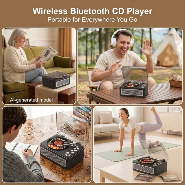 Alt view image 7 of 7 - CD Player Portable Bluetooth Retro CD Players Rechargeable 3600mAh Vintage CD-Player with Dual Speakers Hifi Sound & Radio & Remote Control Support USB/AUX Playback Headphone Jack