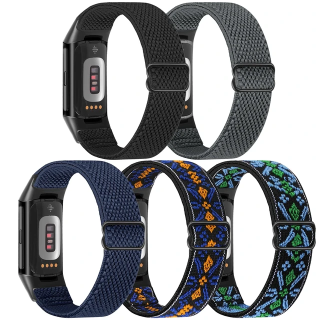 Alt view image 2 of 7 - 5 Pack Elastic Nylon Watch Bands Compatible for Fitbit Charge 6/Fitbit Charge 5, Adjustable Breathable Replacement Stretchy Nylon Loop Wristband Sport Strap for Women Men