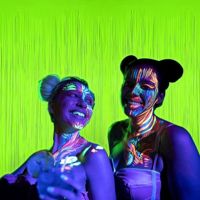 Alt view image 7 of 7 - Mega-L Glow in The Dark Party Supplies, Neon Photo Backdrop, 4 Pack 6.6x6.6 ft Fluorescent Green Foil Fringe Curtains, Glow Photo Backdrop for Birthday, Pool Party, Music Festival, Nightclub