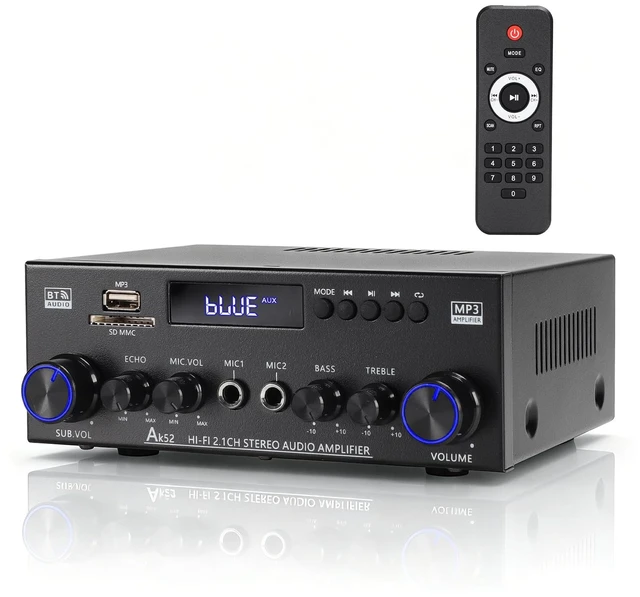 Main image of AK52 Home 2.1 Channel Bluetooth 5.0 Stereo Receivers Amplifier Home 400Wx2+300W Subwoofer Out, FM Radio, USB/SD/AUX, MIC Echo, Remote for 2 Passive Speakers & Passive Subwoofer