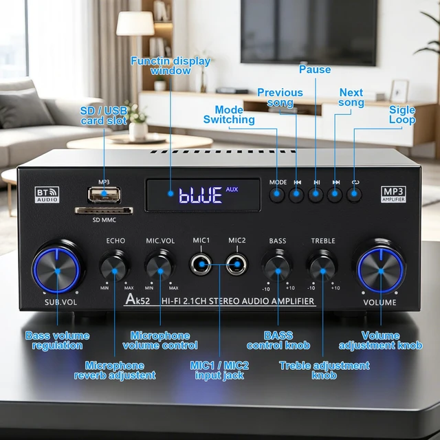 Alt view image 2 of 7 - AK52 Home 2.1 Channel Bluetooth 5.0 Stereo Receivers Amplifier Home 400Wx2+300W Subwoofer Out, FM Radio, USB/SD/AUX, MIC Echo, Remote for 2 Passive Speakers & Passive Subwoofer