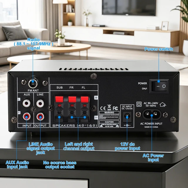 Alt view image 3 of 7 - AK52 Home 2.1 Channel Bluetooth 5.0 Stereo Receivers Amplifier Home 400Wx2+300W Subwoofer Out, FM Radio, USB/SD/AUX, MIC Echo, Remote for 2 Passive Speakers & Passive Subwoofer