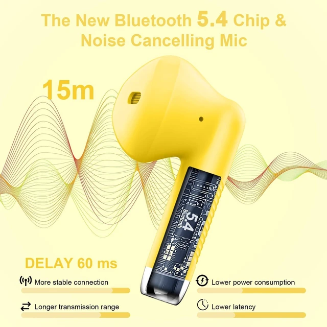 Alt view image 2 of 7 - Wireless Earbuds, Bluetooth 5.4 Earbuds Stereo Bass, Bluetooth Headphones in Ear Noise Cancelling Mic, Earphones IP7 Waterproof Sports, 36H Playtime USB C Charging Case Yellow Ear Buds for Android iOS