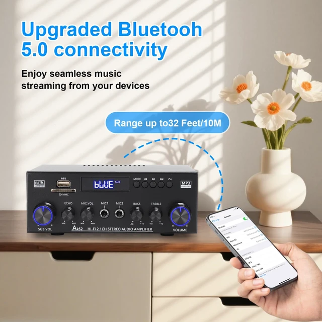 Alt view image 5 of 7 - AK52 Home 2.1 Channel Bluetooth 5.0 Stereo Receivers Amplifier Home 400Wx2+300W Subwoofer Out, FM Radio, USB/SD/AUX, MIC Echo, Remote for 2 Passive Speakers & Passive Subwoofer