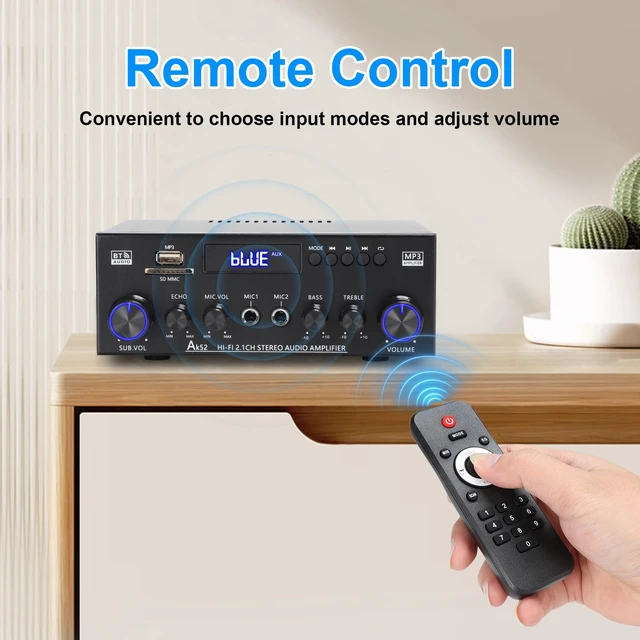 Alt view image 6 of 7 - AK52 Home 2.1 Channel Bluetooth 5.0 Stereo Receivers Amplifier Home 400Wx2+300W Subwoofer Out, FM Radio, USB/SD/AUX, MIC Echo, Remote for 2 Passive Speakers & Passive Subwoofer