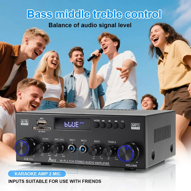 Alt view image 7 of 7 - AK52 Home 2.1 Channel Bluetooth 5.0 Stereo Receivers Amplifier Home 400Wx2+300W Subwoofer Out, FM Radio, USB/SD/AUX, MIC Echo, Remote for 2 Passive Speakers & Passive Subwoofer