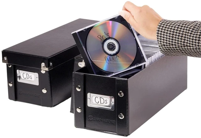 Main image of CD Storage Box, 2-Pack, Holds 165 Sleeved CDs per Box, Black Reinforced corners, chrome label holder, snap assembly, works well as a cd holder and cd organizer, folds flat
