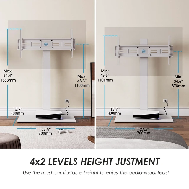 Alt view image 7 of 7 - Iron Base Floor TV Stand with Power Strip for 50-85 Inch TVs White Tall TV Stand with Height Adjustable, Swivel TV Mount with Wire Management for Living Room Bedroom Home Office, up to110 lb