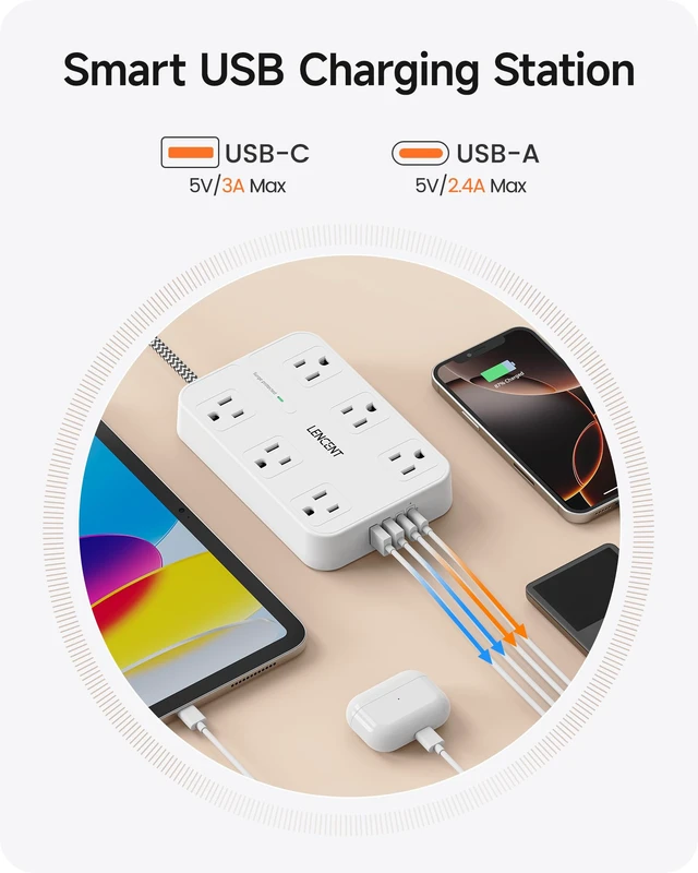 Alt view image 5 of 7 - 2 Prong Surge Protector Power Strip, 10 Ft Flat Plug Extension Cord 2 Prong to 3 Prong Outlet Adapter with Switch, 6 AC and 4 USB Ports, Braided Extension Cord for Non-Grounded Outlets, 1050J