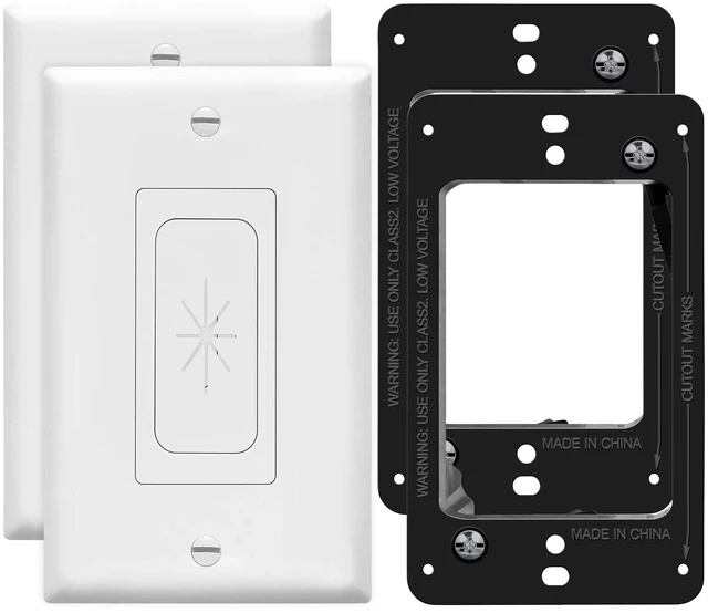 Main image of 1-Gang Flexible Rubber Cable Pass-Through Wall Plate, 2-Pack 4.50" x 2.75" with mounting bracket. White rubber grommet insert for low-voltage cables, home theaters