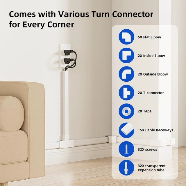 Alt view image 3 of 7 - Large 236in Cord Hider for 3-4 Cords, Cord Covers for Wires on Wall, Easier Install Wire Covers for Cords on Wall, Cable Wire Hider, Cable Cover Management Raceway, W1.18 H0.63in, White