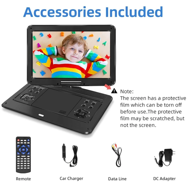 Alt view image 7 of 7 - 16.9" Portable DVD Player with 14.1" HD Screen, USB/SD Card 5-6 Hour Battery, Support Multiple Disc Formats, Sync TV, Powerful Dual Speakers, for Kids & Car, Black