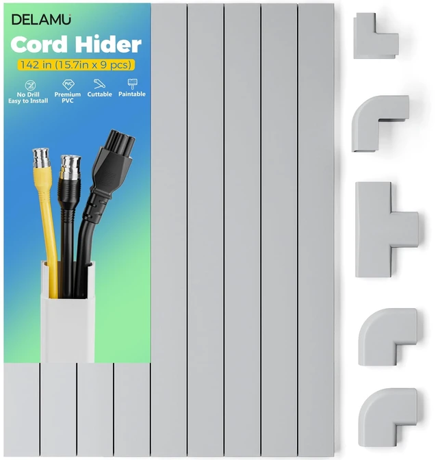 Main image of 142in Grey Cord Hider Cable Hider, Cord Covers for 2-3 Wires on Wall, Premium Wire Hiders Wire Covers for Cords on Wall, Easier Setup TV Cable Cover Management Kit, W0.94 H0.47in, Grey