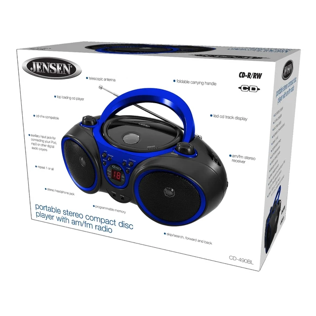 Alt view image 7 of 7 - ® CD-490 Classic Boom Box Portable CD Player Home Audio Radio AM-FM, Stereo Speakers, Aux Line-in, Headphone Jack - Blue - Limited Edition Color