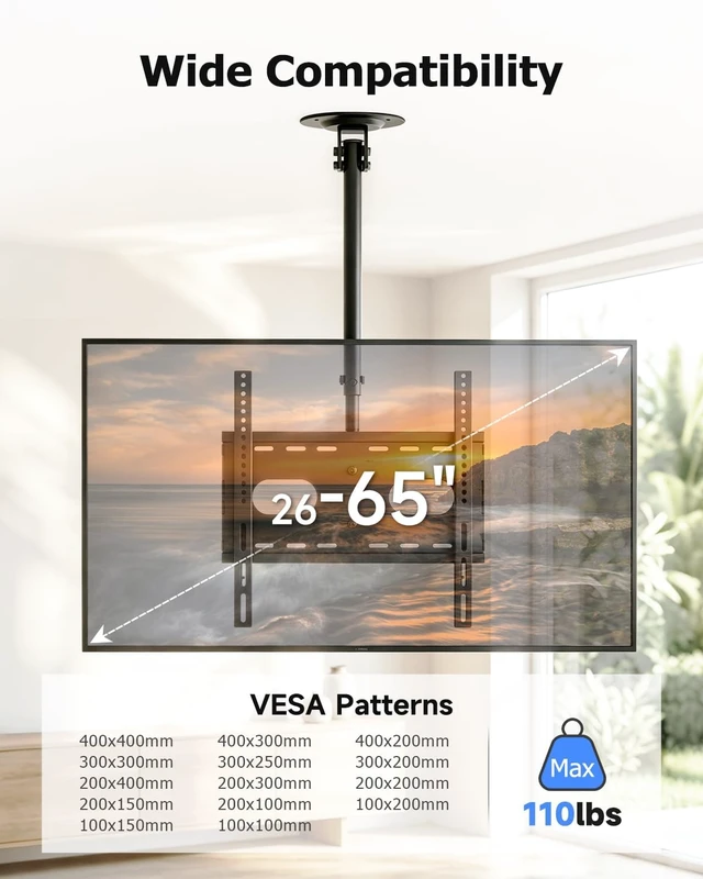 Alt view image 2 of 7 - Ceiling TV Mount for 26-55-65 inch LCD LED TVs Full Motion Bracket Ceiling Mount for TV VESA Max 400x400, Hanging Adjustable Ceiling TV Bracket Holds up to 110kbs, Tilt and Swivel
