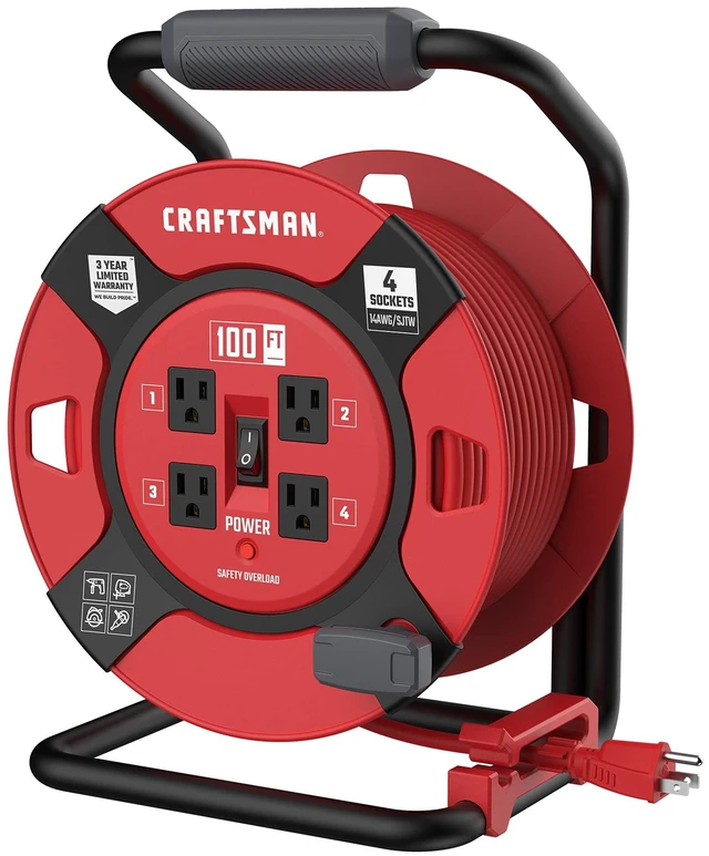 Main image of 100 Ft. Retractable Extension Cord Reel, 4 Outlets 14 AWG SJTW cable, heavy-duty build, ideal for garage or job site power