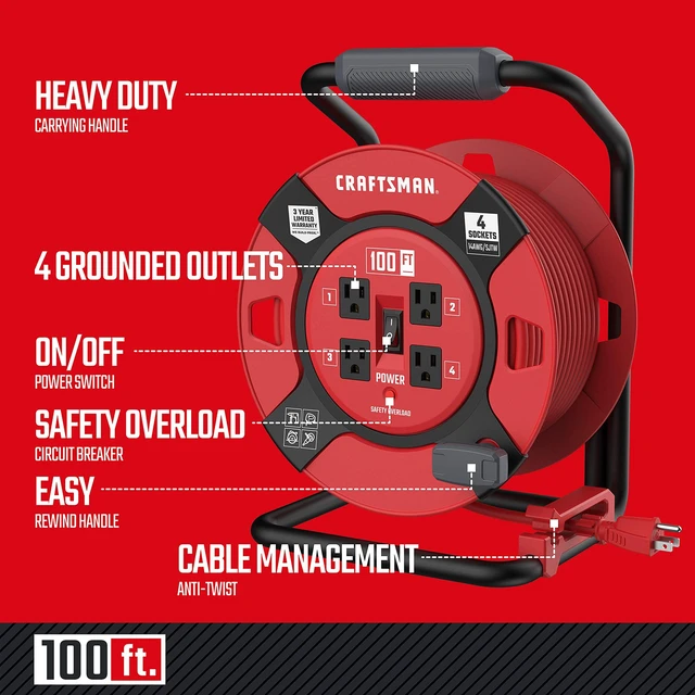 Alt view image 2 of 7 - 100 Ft. Retractable Extension Cord Reel, 4 Outlets 14 AWG SJTW cable, heavy-duty build, ideal for garage or job site power