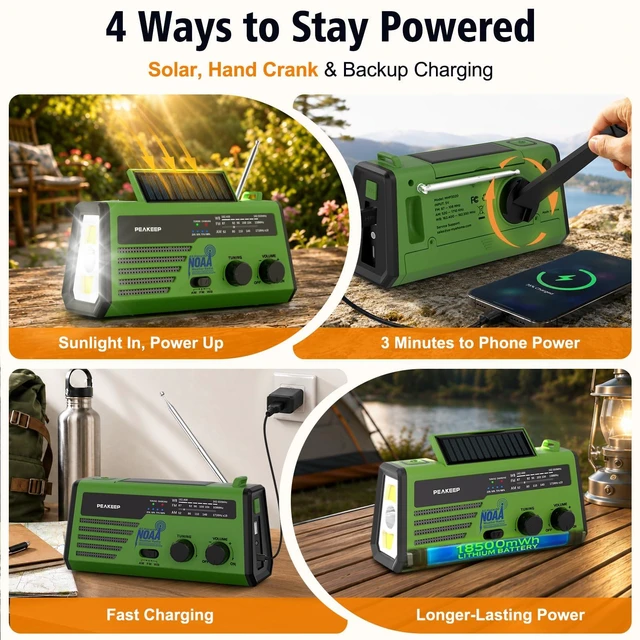 Alt view image 3 of 7 - NOAA Emergency Weather Radio Alert with Crank Solar Battery Powered Portable Radio AM FM, Rechargeable Battery Backup, SOS, Flashlight Lamp USB Port for Home Outdoor Camping Storms Blackouts