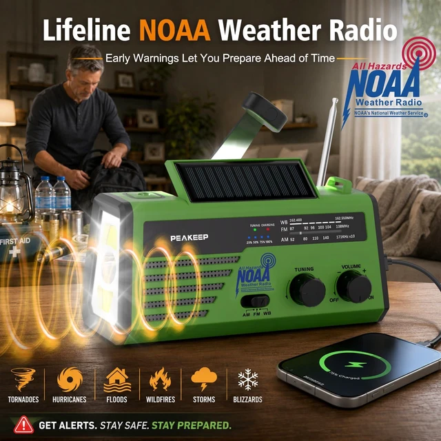 Alt view image 2 of 7 - NOAA Emergency Weather Radio Alert with Crank Solar Battery Powered Portable Radio AM FM, Rechargeable Battery Backup, SOS, Flashlight Lamp USB Port for Home Outdoor Camping Storms Blackouts