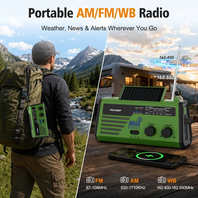 Alt view image 6 of 7 - NOAA Emergency Weather Radio Alert with Crank Solar Battery Powered Portable Radio AM FM, Rechargeable Battery Backup, SOS, Flashlight Lamp USB Port for Home Outdoor Camping Storms Blackouts