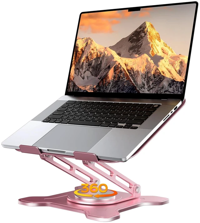 Main image of 360° Rotating Laptop Stand for Desk, Metal Foldable Laptop Riser, Pink Ergonomic Portable Adjustable Laptop Stand, Ventilated Cooling Notebook Holder for MacBook Air Pro, All 10-16'' Laptops