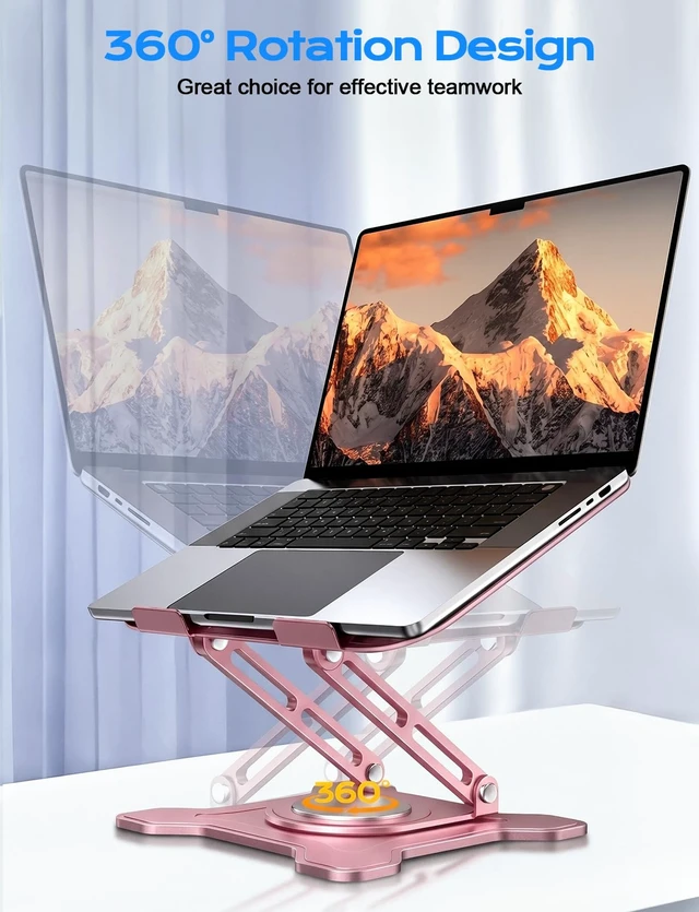 Alt view image 2 of 7 - 360° Rotating Laptop Stand for Desk, Metal Foldable Laptop Riser, Pink Ergonomic Portable Adjustable Laptop Stand, Ventilated Cooling Notebook Holder for MacBook Air Pro, All 10-16'' Laptops