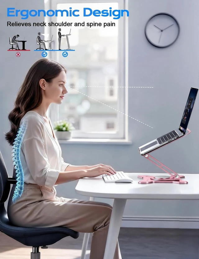 Alt view image 3 of 7 - 360° Rotating Laptop Stand for Desk, Metal Foldable Laptop Riser, Pink Ergonomic Portable Adjustable Laptop Stand, Ventilated Cooling Notebook Holder for MacBook Air Pro, All 10-16'' Laptops