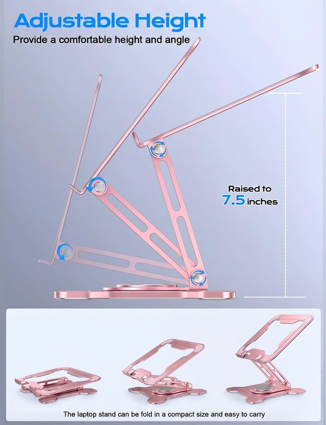 Alt view image 4 of 7 - 360° Rotating Laptop Stand for Desk, Metal Foldable Laptop Riser, Pink Ergonomic Portable Adjustable Laptop Stand, Ventilated Cooling Notebook Holder for MacBook Air Pro, All 10-16'' Laptops
