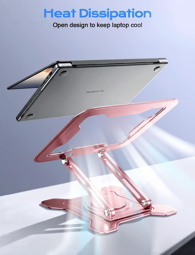 Alt view image 7 of 7 - 360° Rotating Laptop Stand for Desk, Metal Foldable Laptop Riser, Pink Ergonomic Portable Adjustable Laptop Stand, Ventilated Cooling Notebook Holder for MacBook Air Pro, All 10-16'' Laptops