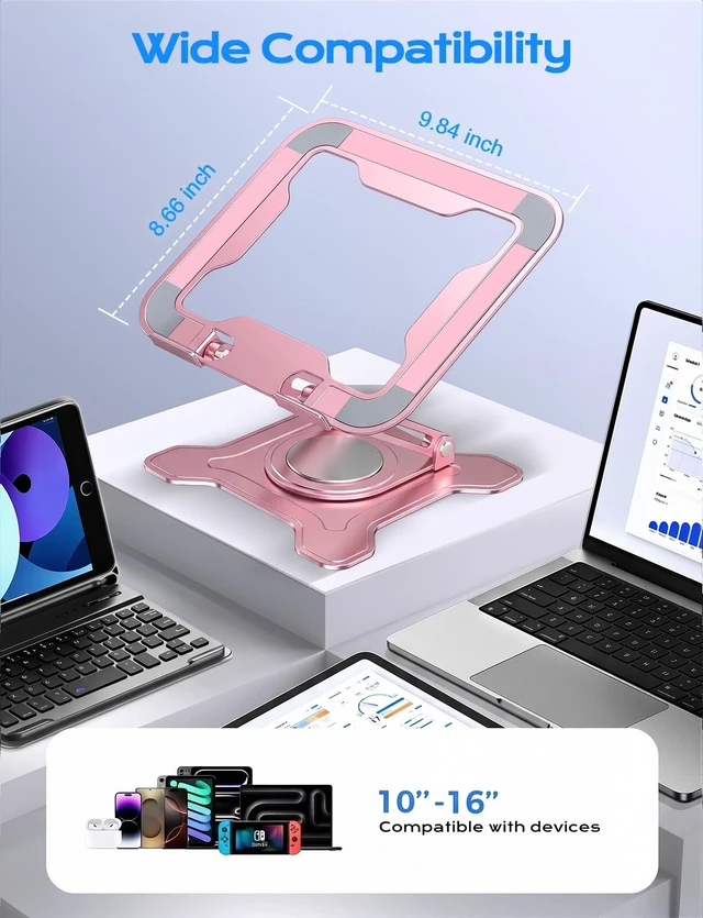Alt view image 6 of 7 - 360° Rotating Laptop Stand for Desk, Metal Foldable Laptop Riser, Pink Ergonomic Portable Adjustable Laptop Stand, Ventilated Cooling Notebook Holder for MacBook Air Pro, All 10-16'' Laptops