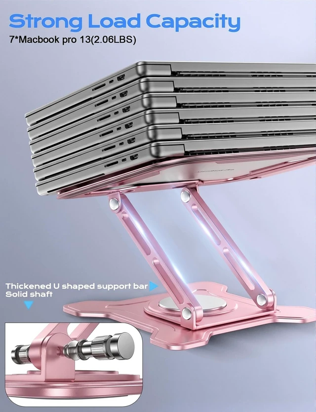 Alt view image 5 of 7 - 360° Rotating Laptop Stand for Desk, Metal Foldable Laptop Riser, Pink Ergonomic Portable Adjustable Laptop Stand, Ventilated Cooling Notebook Holder for MacBook Air Pro, All 10-16'' Laptops