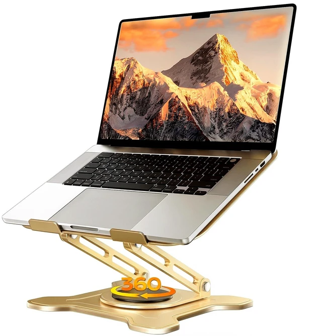 Main image of 360° Rotating Laptop Stand for Desk, Metal Foldable Laptop Riser, Gold Ergonomic Portable Adjustable Laptop Stand, Ventilated Cooling Notebook Holder for MacBook Air Pro, All 10-16'' Laptops