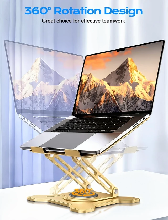 Alt view image 2 of 7 - 360° Rotating Laptop Stand for Desk, Metal Foldable Laptop Riser, Gold Ergonomic Portable Adjustable Laptop Stand, Ventilated Cooling Notebook Holder for MacBook Air Pro, All 10-16'' Laptops