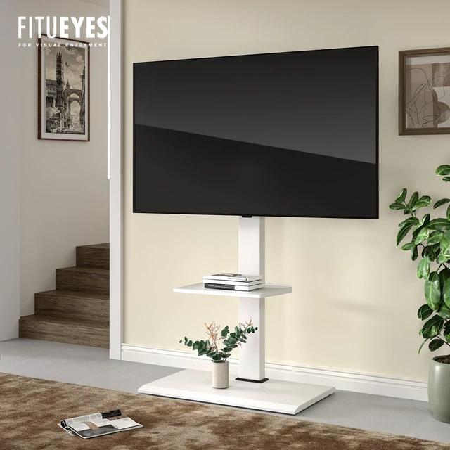 Alt view image 2 of 7 - Floor TV Stand for 50-85 Inch TVs with Adjustable Shelf, White Iron Base Swivel TV Mount with Height Adjustable, Tall Corner TV Stands Hold up to 110 lb for Bedroom and Living Room