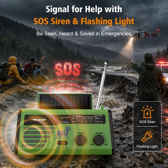 Alt view image 7 of 7 - NOAA Emergency Weather Radio Alert with Crank Solar Battery Powered Portable Radio AM FM, Rechargeable Battery Backup, SOS, Flashlight Lamp USB Port for Home Outdoor Camping Storms Blackouts