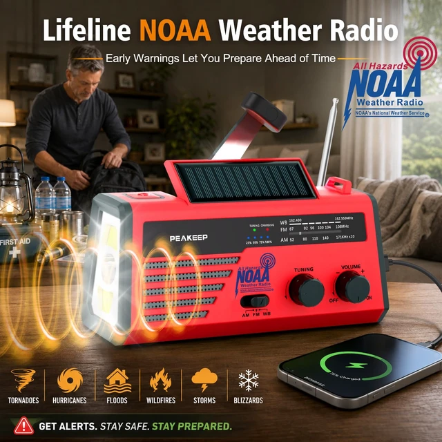 Alt view image 2 of 7 - NOAA Emergency Weather Radio Alert with Crank Solar Battery Powered Portable Radio AM FM, Rechargeable Battery Backup, SOS, Flashlight Lamp USB Port for Home Outdoor Camping Storms Blackouts