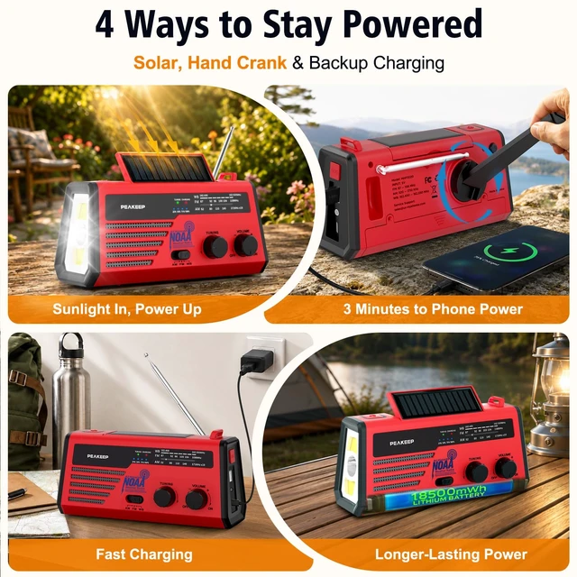 Alt view image 3 of 7 - NOAA Emergency Weather Radio Alert with Crank Solar Battery Powered Portable Radio AM FM, Rechargeable Battery Backup, SOS, Flashlight Lamp USB Port for Home Outdoor Camping Storms Blackouts