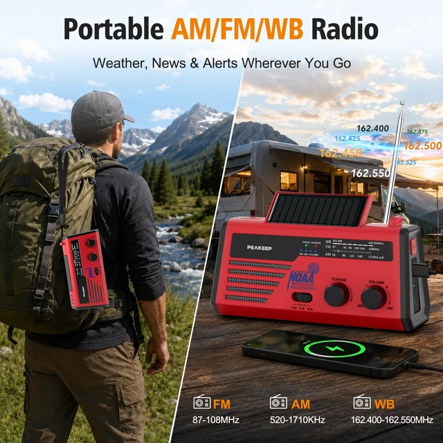 Alt view image 6 of 7 - NOAA Emergency Weather Radio Alert with Crank Solar Battery Powered Portable Radio AM FM, Rechargeable Battery Backup, SOS, Flashlight Lamp USB Port for Home Outdoor Camping Storms Blackouts